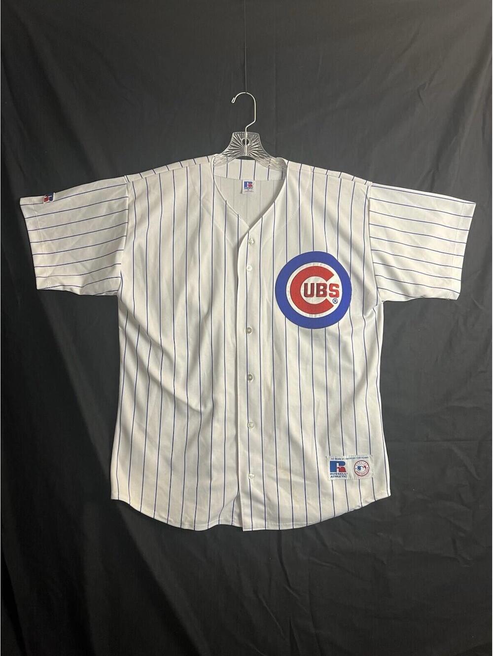 VTG Chicago Cubs Russell Athletic Blank Jersey Mens XL USA Pinstripe Shirt